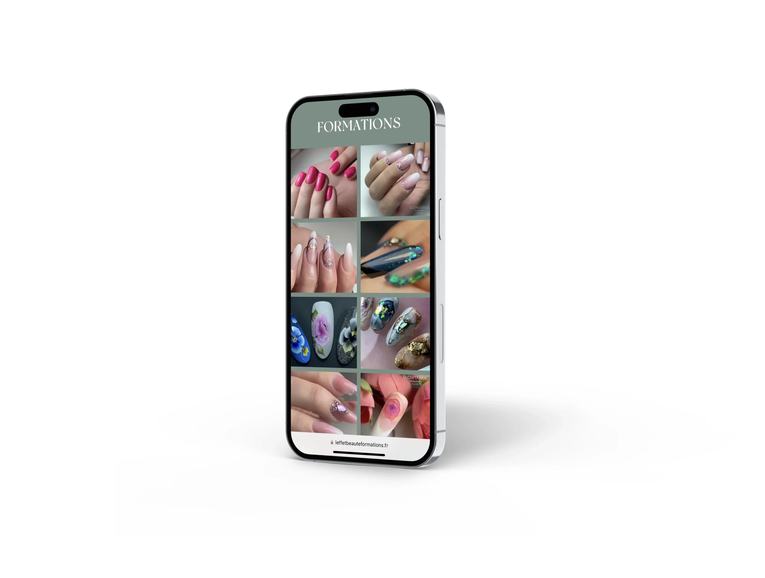 Mockup iPhone présentant les formations du site web L'Effet beauté